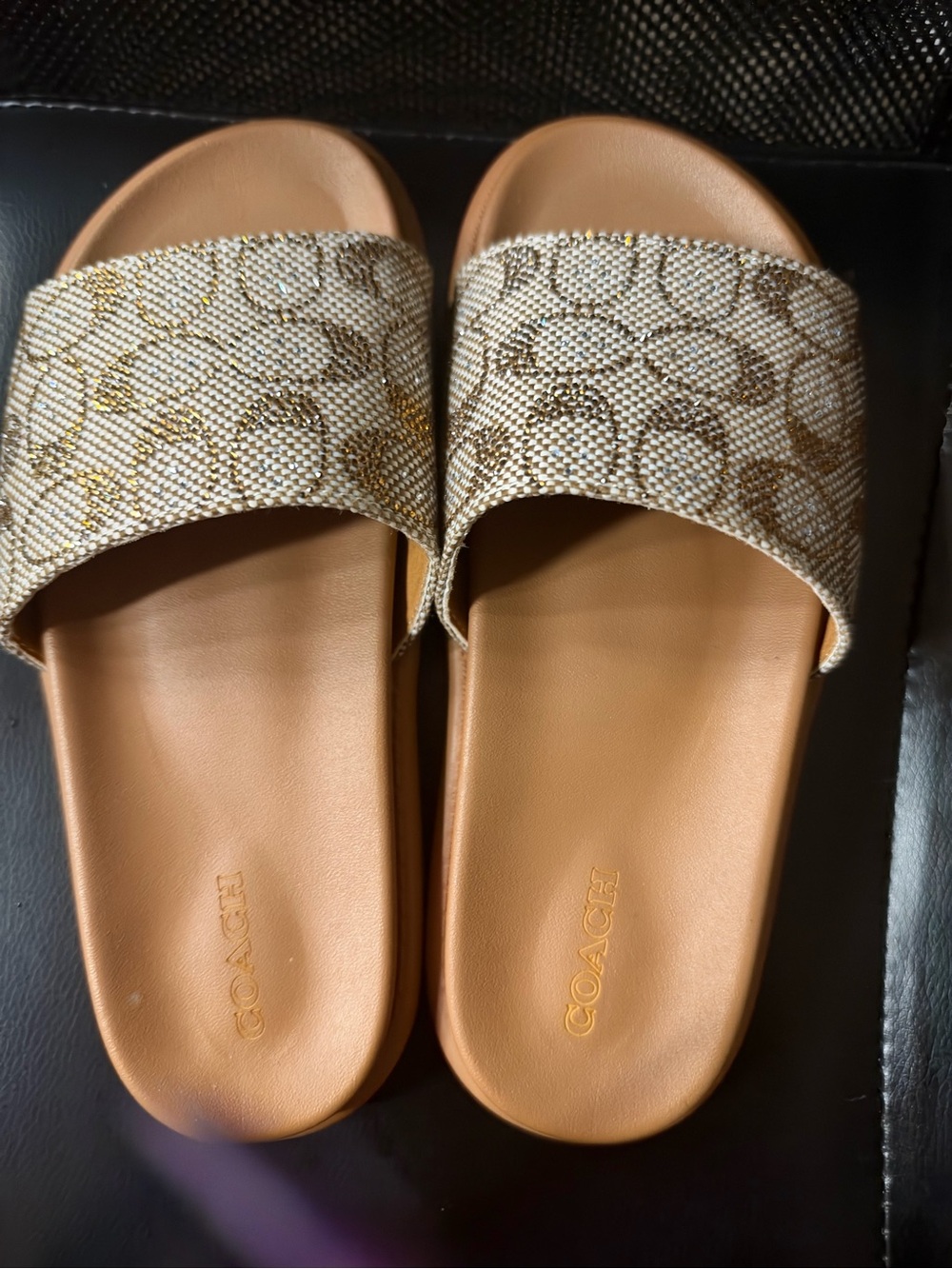 Coach Tan Leather-Trim Slide Sandals with Signature Monogram Strap